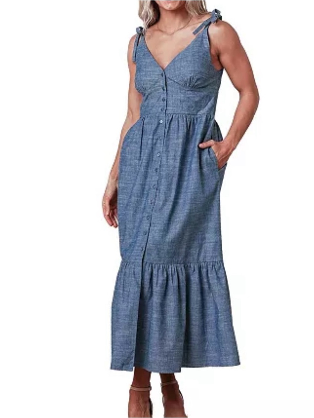 Hope & Henry Chambray Maxi Dress Size 6 Bow Shoulder Button Front Cottagecore